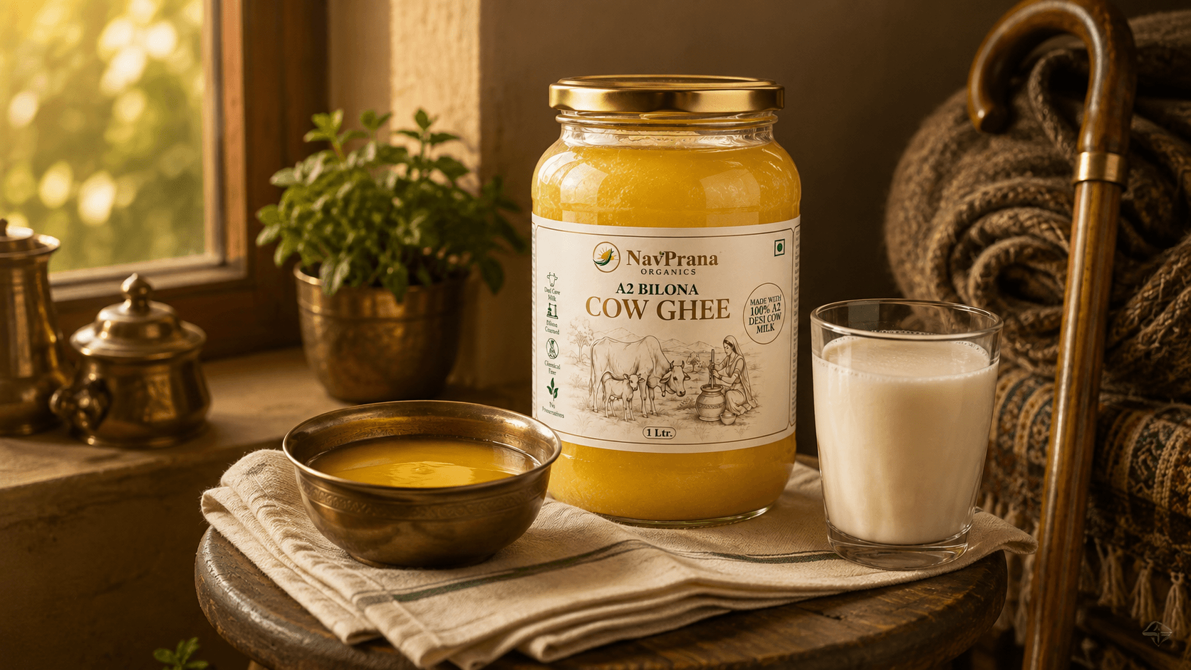 Calm warm still-life photography, a small brass bowl of gently warmed golden ghee resting on a folded cotton cloth on a low wooden stool, a glass of warm milk beside it, a NavPrana glass jar of golden grainy danedar ghee with the front label area kept cle